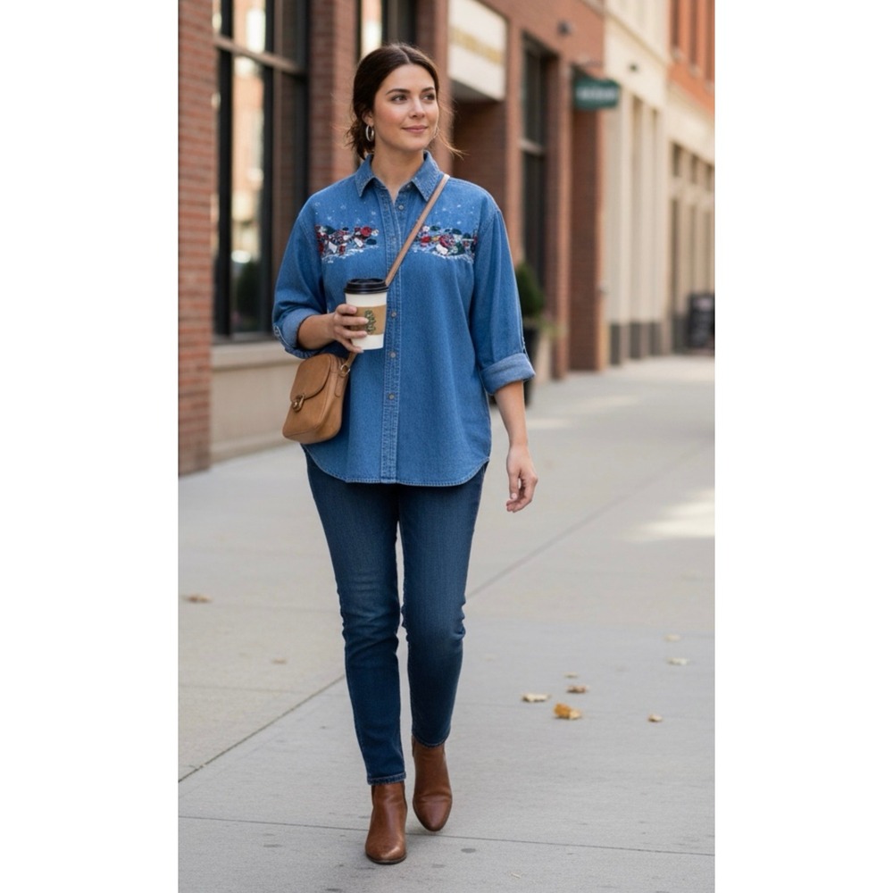 Bobbie Brooks 90's Denim Grandma Shirt Vintage Embroidered CottageCore Festive